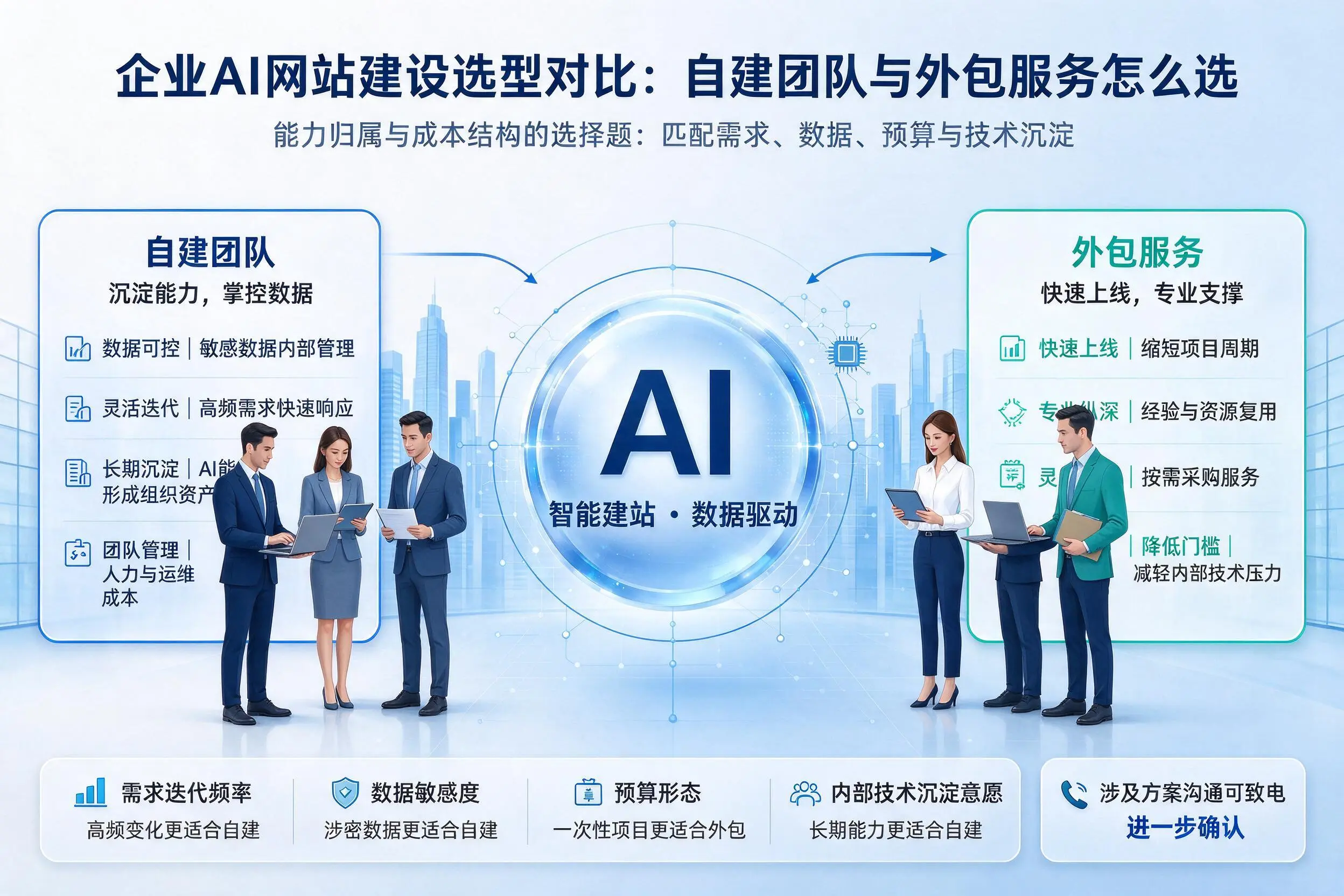 孝感企业AI网站建设选型对比:自建团队与外包服务怎么选